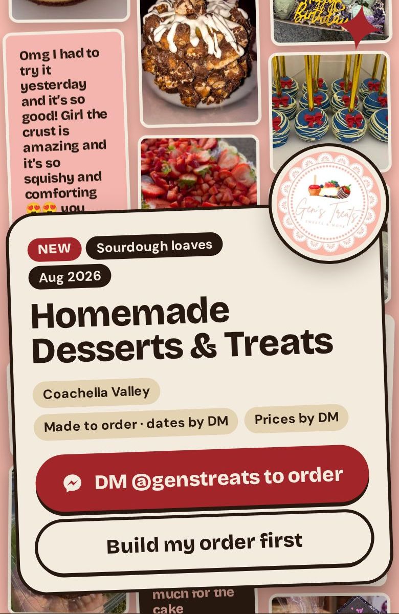 Gen’s Treats on a phone: a wall of dessert photos behind a card reading Homemade Desserts & Treats, with a button to order by message.