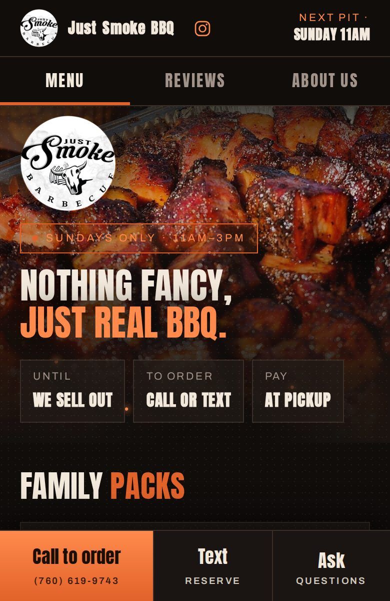 Just Smoke BBQ on a phone: smoked pork belly burnt ends behind the words Nothing fancy, just real BBQ, with a button to call in an order.