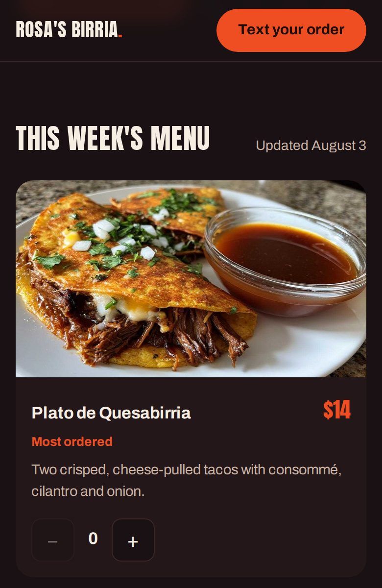 Rosa’s Birria on a phone: her menu opens on a plate of quesabirria tacos, $14, with buttons to add it to an order.